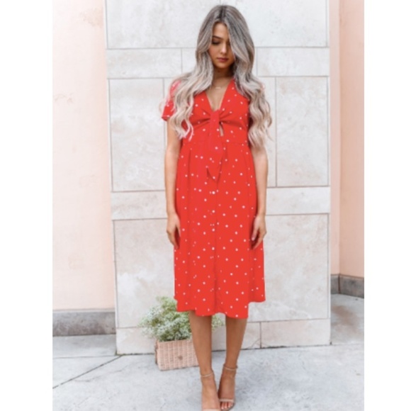 Everly Dresses & Skirts - Everly | Poppy Red Polka Dot Midi Bow Tie Dress M